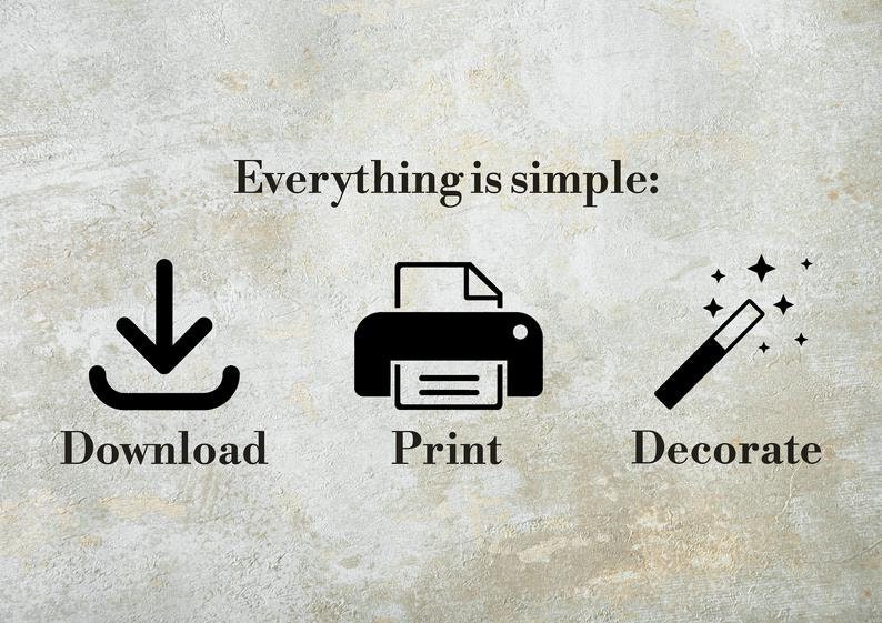 May include: A black and white illustration showing three steps: download, print, and decorate. The download icon is a downward arrow inside a circle. The print icon is a printer with a piece of paper inside. The decorate icon is a magic wand with stars.