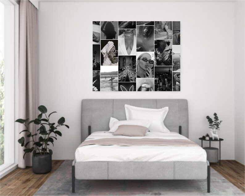 May include: A black and white photo collage featuring various images, including a woman wearing sunglasses, a woman with a towel on her head, a city skyline, and a beach scene.