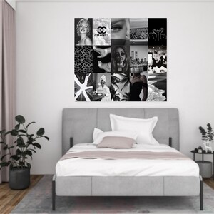 May include: A black and white photo collage featuring images of fashion, travel, and beauty. The collage includes images of a woman with blonde hair, a woman with sunglasses, a city skyline, and a beach scene. The collage is framed in a black frame and is hanging on a white wall.