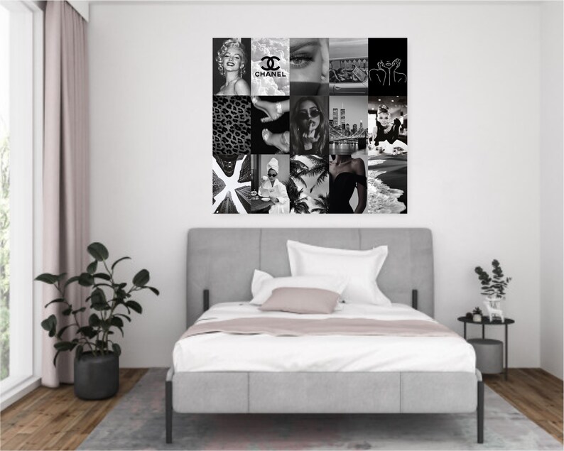 May include: A black and white photo collage featuring images of fashion, travel, and beauty. The collage includes images of a woman with blonde hair, a woman with sunglasses, a city skyline, and a beach scene. The collage is framed in a black frame and is hanging on a white wall.