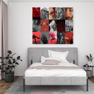 May include: A collage of images in black and white with red accents. The collage features a variety of images, including a woman with red lipstick, a cityscape, and a woman in a red dress. The collage is framed and hanging on a white wall.