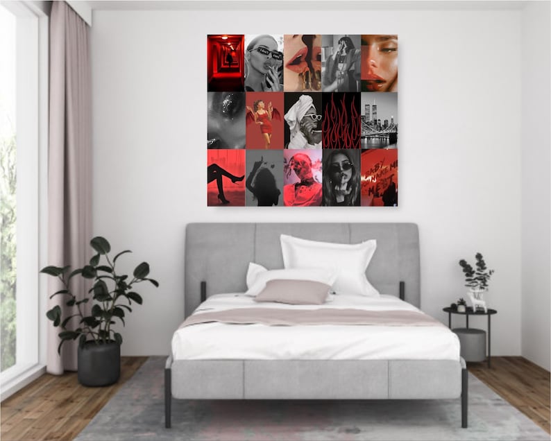 May include: A collage of images in black and white with red accents. The collage features a variety of images, including a woman with red lipstick, a cityscape, and a woman in a red dress. The collage is framed and hanging on a white wall.