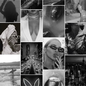 May include: A black and white collage of images featuring cityscapes, fashion, and people. The collage includes images of a woman wearing a white blazer, a woman with a towel on her head, a woman with sunglasses, a city skyline at night, and a beach scene.