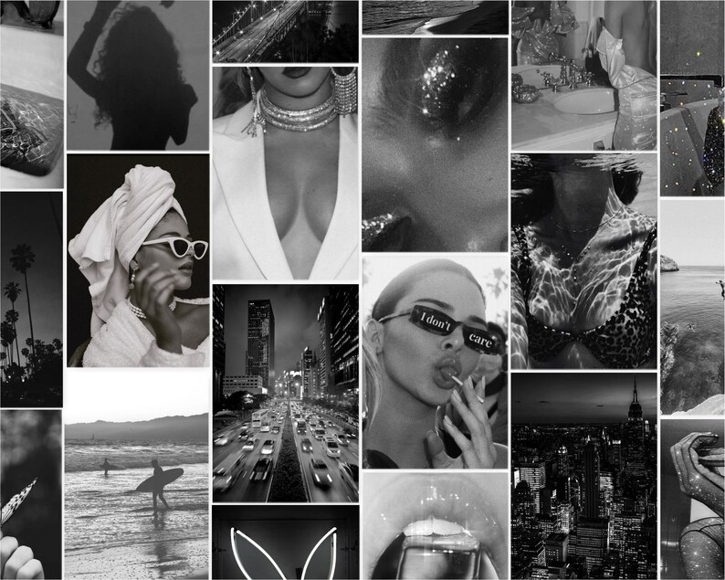 May include: A black and white collage of images featuring cityscapes, fashion, and people. The collage includes images of a woman wearing a white blazer, a woman with a towel on her head, a woman with sunglasses, a city skyline at night, and a beach scene.