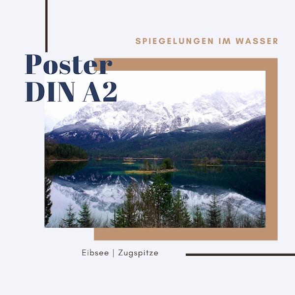 Poster A2 Spiegelungen im Wasser I Bergsee Wald Landschaft Natur Schnee I Zugspitze I Bootssteg