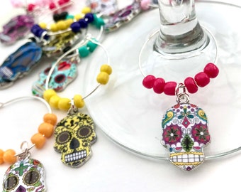 Day of the Dead Wine Glass Charms, Halloween Wine Charms, Mexican Skull Charms, Dia de los Muertos