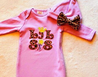 little Sister Baby Gown, Newborn Girl Coming Home Outfit, Infant Girl Gowns, Little Sister Outfit, Leopard Print Baby Outfit, Infant Sleeper