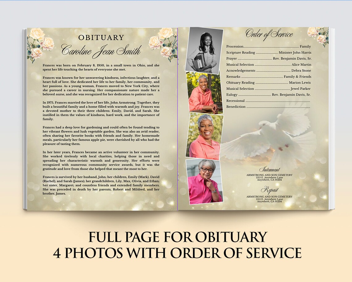5.5x8.5"" BOOKLET Obituary, Memorial Program Template, 8 Pages, Golden