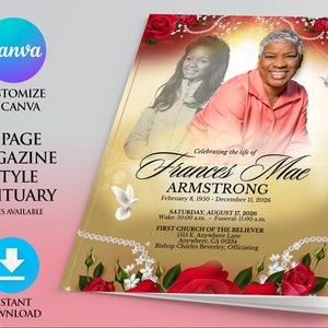 Pode incluir: Um modelo de obituário de estilo revista de 8 páginas em dourado e vermelho com uma foto de uma mulher e uma pomba. O texto diz "Celebrando a vida de Frances Mae Armstrong, 8 de fevereiro de 1950 - 11 de dezembro de 2026. Sábado, 17 de agosto de 2026. Velório: 10:00 am. Funeral: 11:00 am. Primeira Igreja do Crente, 1515 E. Anywhere Lane, Anywhere, CA 01234. Bispo Charles Beverley, Oficiante."