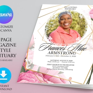 Pode incluir: Um modelo de obituário de estilo revista de 8 páginas com um design floral rosa e uma moldura geométrica dourada. O modelo apresenta uma foto de uma mulher e o texto "Frances Mae Armstrong, 8 de fevereiro de 1950 - 11 de dezembro de 2026". O texto também inclui a data e hora do velório e do funeral, o nome da igreja e o endereço. O texto "Bishop Charles Beverley, Celebrando" também está incluído.