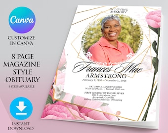 Obituario, plantilla de programa conmemorativo, folleto de 8,5" x 11", 8 páginas, programa funerario con flores rosas, celebración de la vida, recuerdo, en memoria amorosa