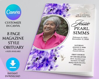 May include: An 8-page magazine style obituary template in white with a purple floral design. The template features a photo of a woman in a pink shirt within a circular frame. The text reads "In Loving Memory of Jessie Pearl Simms, February 8, 1950 - December 11, 2026, Saturday, August 17, 2026, Wake: 10:00 a.m. - Funeral: 11:00 a.m., First Church of the Believer, 1515 E. Anywhere Lane, Anywhere, CA 01234, Bishop Charles Beverley, Officiating."