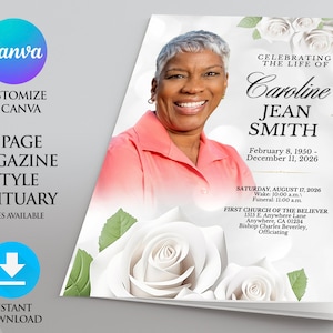 May include: A white funeral program with a photo of a woman smiling. The program is decorated with white roses and green leaves. The text reads "Celebrating the Life of Caroline Jean Smith, February 8, 1950 - December 11, 2026".