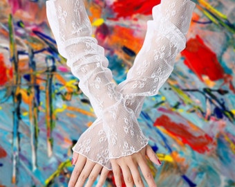 Ultra-Thin Lace Arm Fingerless Gloves Mesh Tulle Costume Wedding Opera Elbow Length Fishnet Mesh Gloves