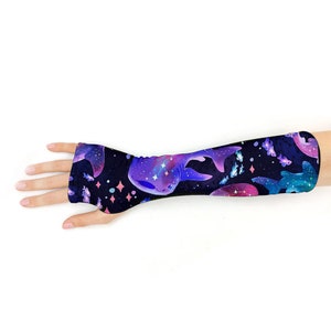 A School of Whales Wrist Warmers Stretch Fingerless Gloves for Women,A pair of Gloves image 3