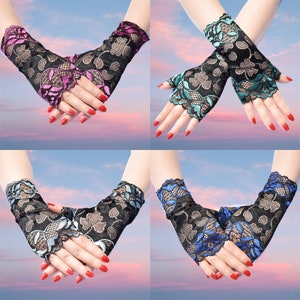 4 Pairs Women's Fingerless Lace Gloves,Sunblock Fingerless Gloves,Women Short Lace Gloves image 10