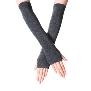 Long Arm Fingerless Gloves Knitted Striped Hand Warmer Gray