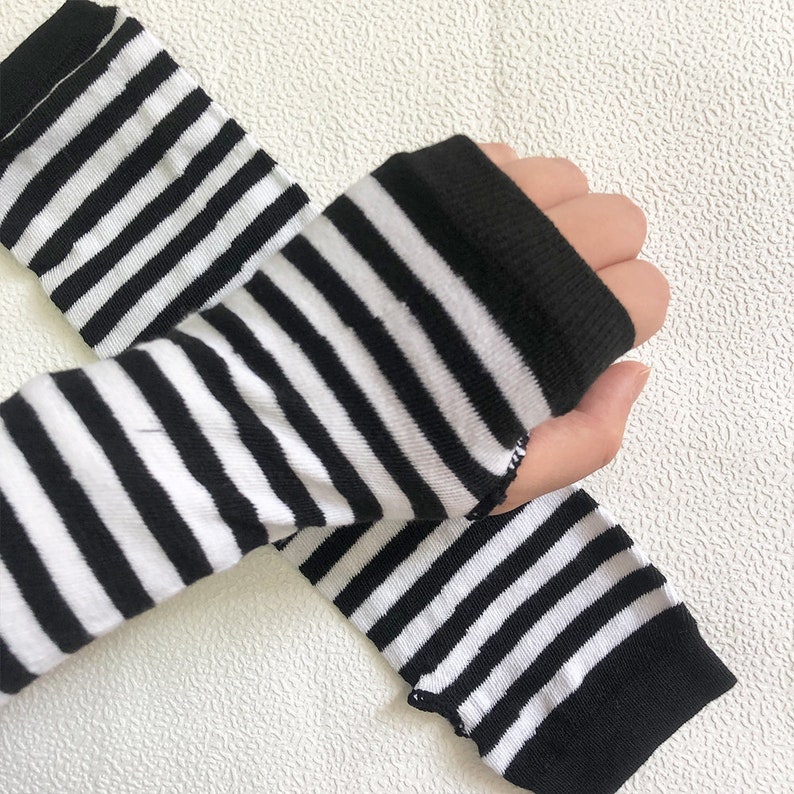 Long Arm Fingerless Gloves Knitted Striped Hand Warmer White