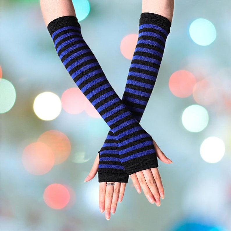 Long Arm Fingerless Gloves Knitted Striped Hand Warmer image 7