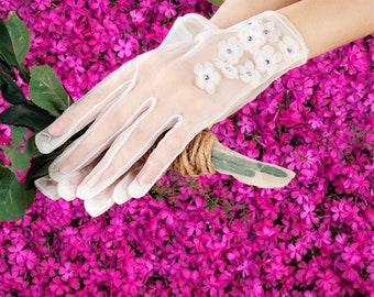 Flower Tulle Rhinestone Lace Bridal Gloves Wrist Cuff Gloves Wedding Party Costume Accessories