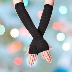 Long Arm Fingerless Gloves Knitted Striped Hand Warmer image 6