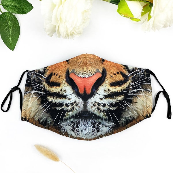 Tiger Face Pattern Cotton Mask Washable 3 Laters and Bendable Nose Wire Mask