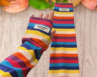 Striped Colorful Rainbow Sunscreen Glove Elbow Length UV Protective Arm Covers Hiking Costume