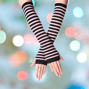 Long Arm Fingerless Gloves Knitted Striped Hand Warmer Pink