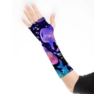 A School of Whales Wrist Warmers Stretch Fingerless Gloves for Women,A pair of Gloves image 4