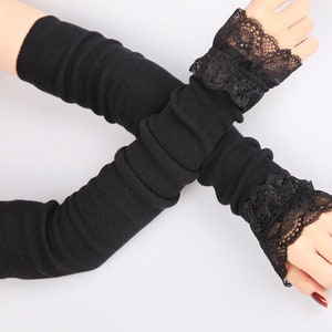 Warm Fashion Knitting Gloves Lace Border Winter Elbow Length Cashmere Blended Arm Warmers for Women Girls