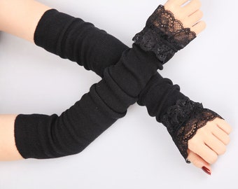 Warm Fashion Knitting Gloves Lace Border Winter Elbow Length Cashmere Blended Arm Warmers for Women Girls