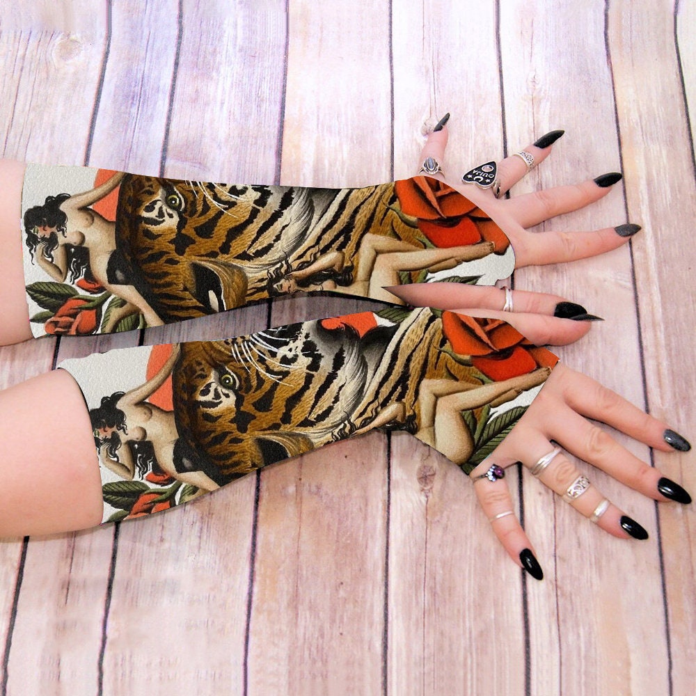 Tiger With Women Arm Warmers Wrist Warmers Stretch Fingerless Gloves - Etsy