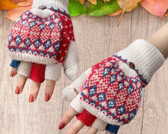 Winter Knitted Windproof Convertible Gloves Fingerless Warm Mitten Suit for Cold Weather Women Men