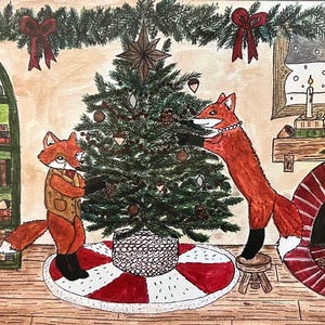Carte de Noël - Décoration de sapin de famille Renard