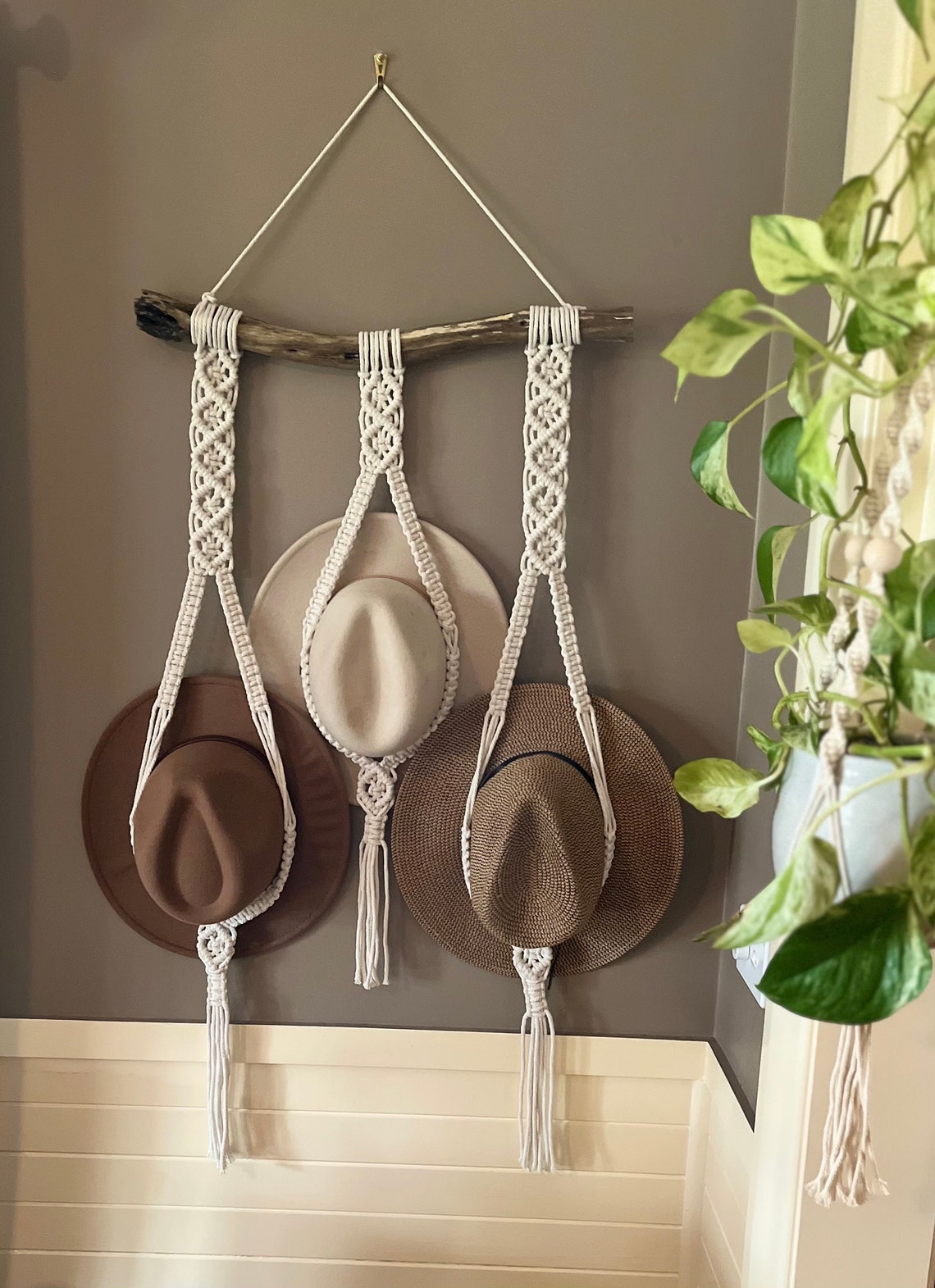 Macrame Hat Hangers on Driftwood, Macrame, Macrame Hat Wall Hanging