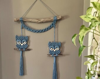 Macrame Owls Wall Hanging, Driftwood Decor, Nursery Art