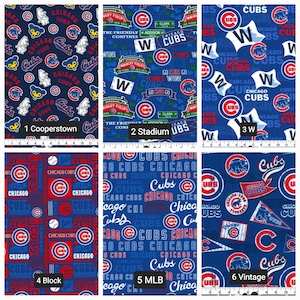 May include: Six different fabric designs featuring the Chicago Cubs logo. The designs include a classic logo, a stadium design, a 'W' design, a block design, a MLB design, and a vintage design. All designs are on a blue background with white and red accents.