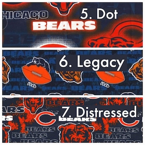 May include: Fabric swatches featuring Chicago Bears team logos and text. Designs include the team name, bear head graphics, and footballs. The color scheme is navy blue, orange, and white.