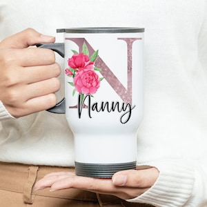 Personalised Floral Travel Mug. Stainless Steel Insulated Mug. Monogram with flowers.  Gifts for women. Personalised Gifts