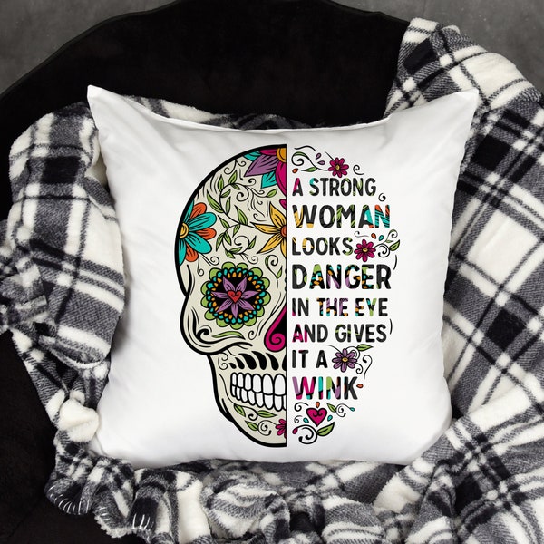 Personalised Sugar Skull Cushion. Looks danger in the eye and gives it a wink day of the dead gift for women.