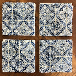 Moroccan Design Stone Coasters / blue coasters / Blue Spanish Coasters / Stone Coaster Set / Stone Coasters / Tile Coasters