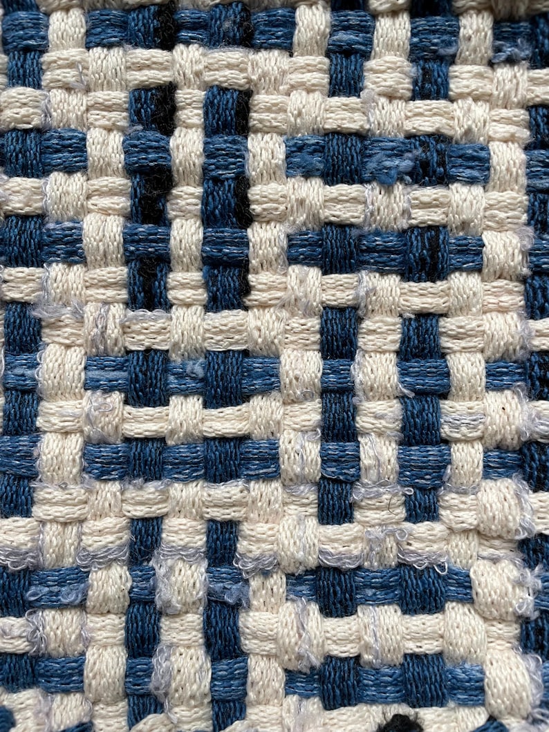 Puede incluir: Primer plano de un textil tejido con un patr&oacute;n repetitivo. El dise&ntilde;o presenta una cuadr&iacute;cula de cuadrados azules y blanquecinos alternados, creando una superficie texturizada. El tejido es apretado, con hilos visibles y ligeras variaciones de color.