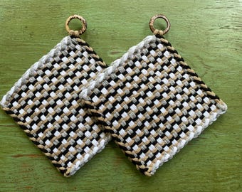 Country Classic - Handcrafted Woven Cotton Potholders: Black, Beige, Silver and White - Set of 2