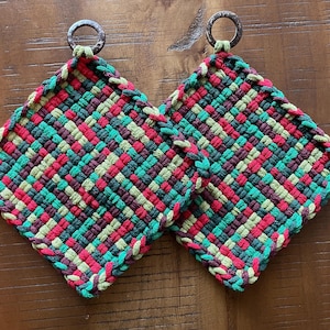 Green and Red Weave - Handcrafted Woven Cotton Potholders: Kitchen Hot Pads with Coconut Ring