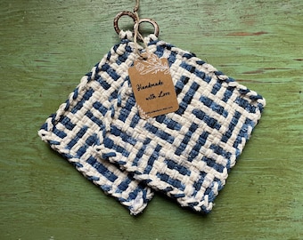 Upcycled Blue White Handcrafted Woven Potholders: Rustic Farmhouse Kitchen Decor