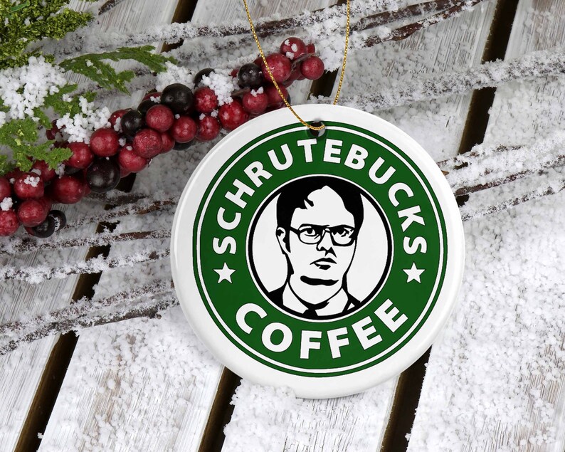 Schrutebucks Coffee Ornament, Dwight Schrute, Holiday Ornament, The Office Christmas Ornament Ceramic Ornament, Dunder Mifflin, The Office image 1