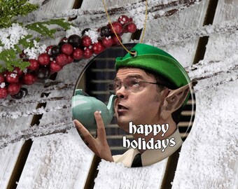 Dwight Schrute Elf Teapot, Happy Holidays, The Office Christmas Ornament - Ceramic Ornament, Dunder Mifflin, The Office Gift Idea