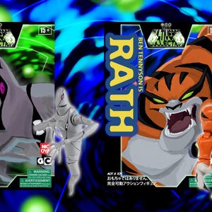 Może przedstawiać: Dwie figurki akcji z serii Ben 10: Ghostfreak, szara postać z fioletowym okiem, i Rath, pomarańczowa postać przypominająca tygrysa. Obie figurki są w oryginalnych opakowaniach z napisem "Ben Tennyson is" i "15+".