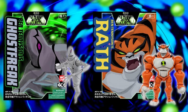 Może przedstawiać: Dwie figurki akcji z serii Ben 10: Ghostfreak, szara postać z fioletowym okiem, i Rath, pomarańczowa postać przypominająca tygrysa. Obie figurki są w oryginalnych opakowaniach z napisem "Ben Tennyson is" i "15+".
