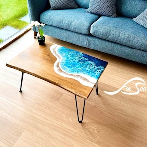 MADE to ORDER Custom Resin Coffee Wave Table, Oak, Local Devon Hardwood, Wood, Hairpin Legs, Blue, Ocean, Handmade, Epoxy Resin Table image 1